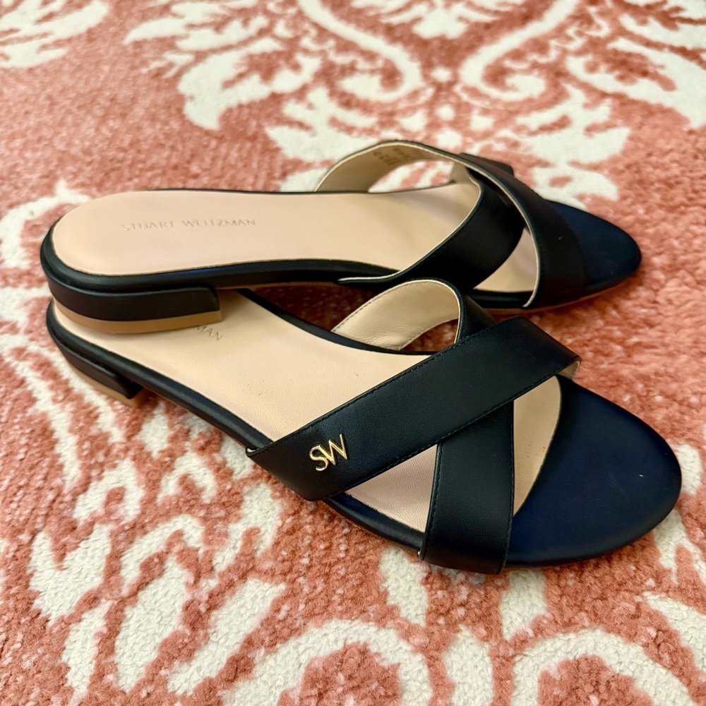 Stuart Weitzman Black Leather Slide Sandals 7